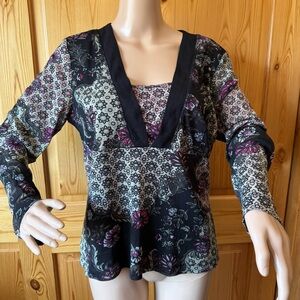 Vintage Y2K Simply French Floral Sheer Mesh L Top Black Whimsygoth